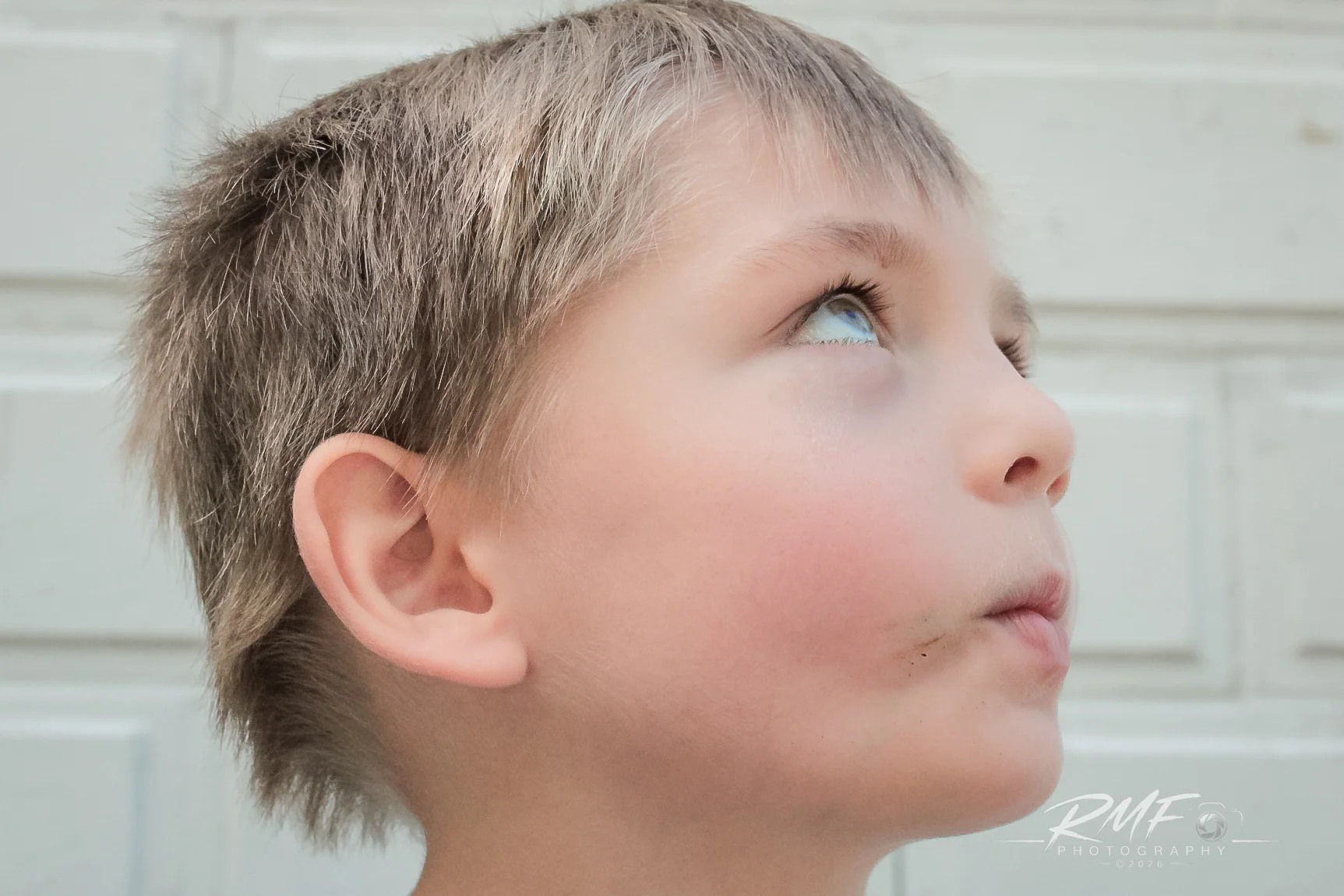 Profile portrait of a young boy looking upward