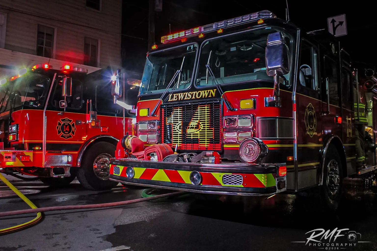Lewistown fire engine working at a nighttime incident