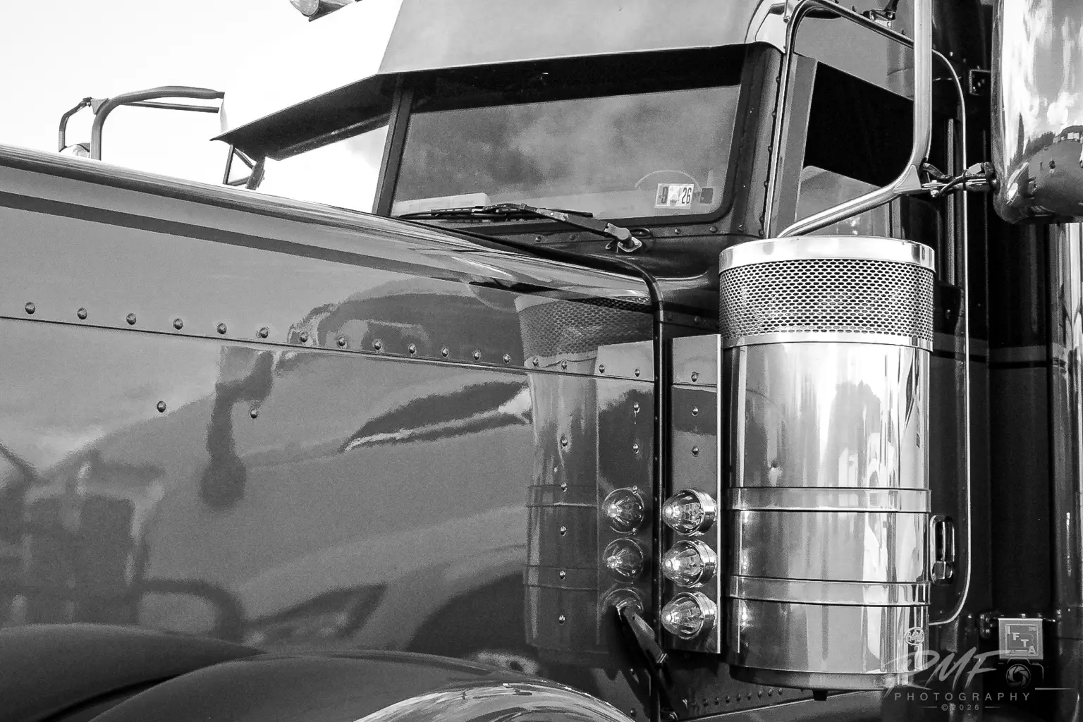 Black and white close detail of a classic truck