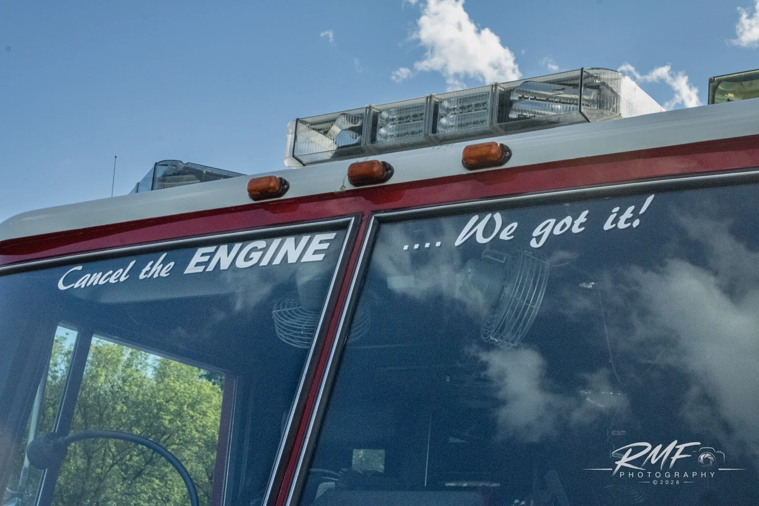 Fire department ladder truck windshield lettering detail