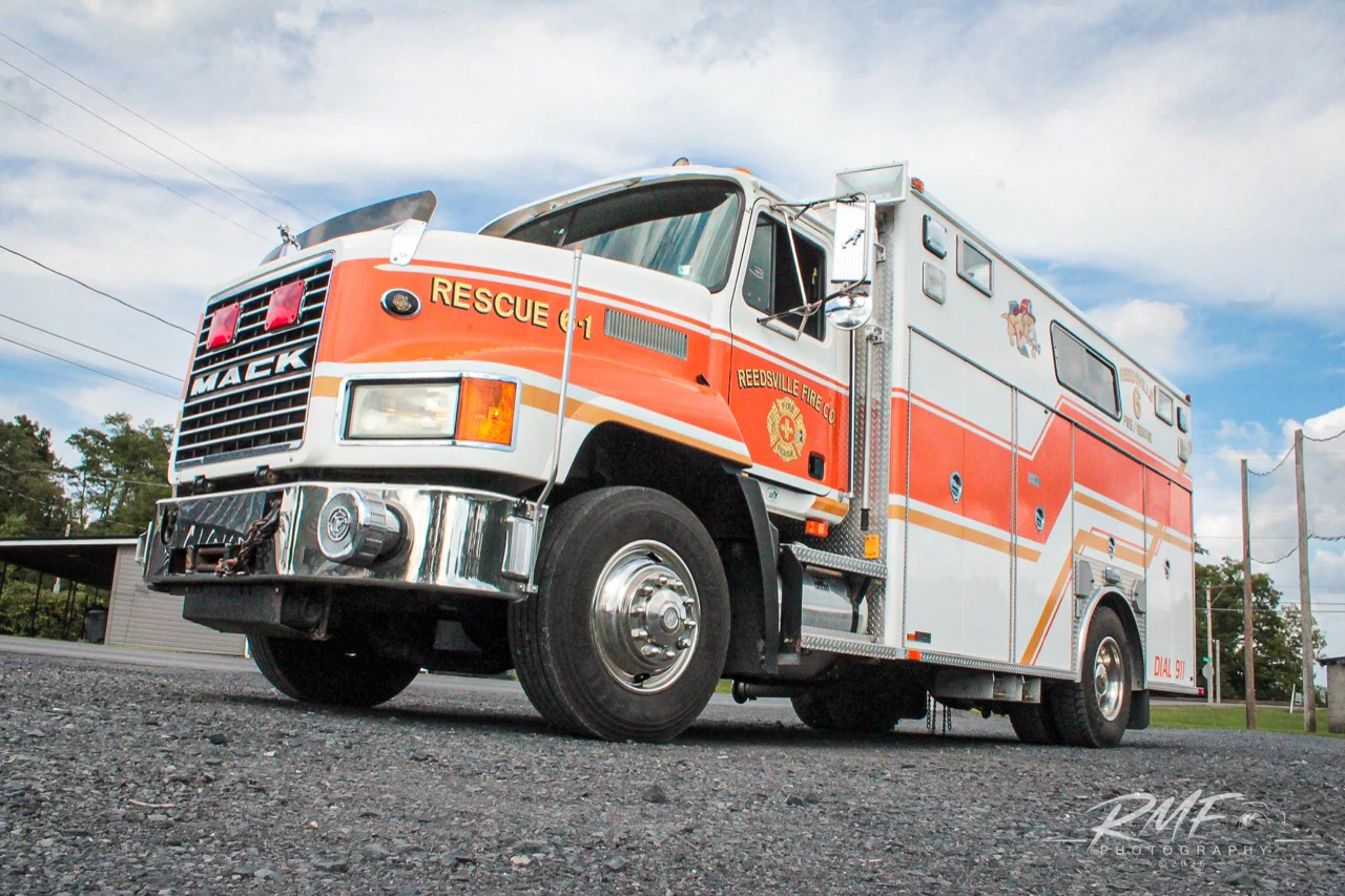 Low-angle color portrait of Reedsville Fire Company Rescue 6-1