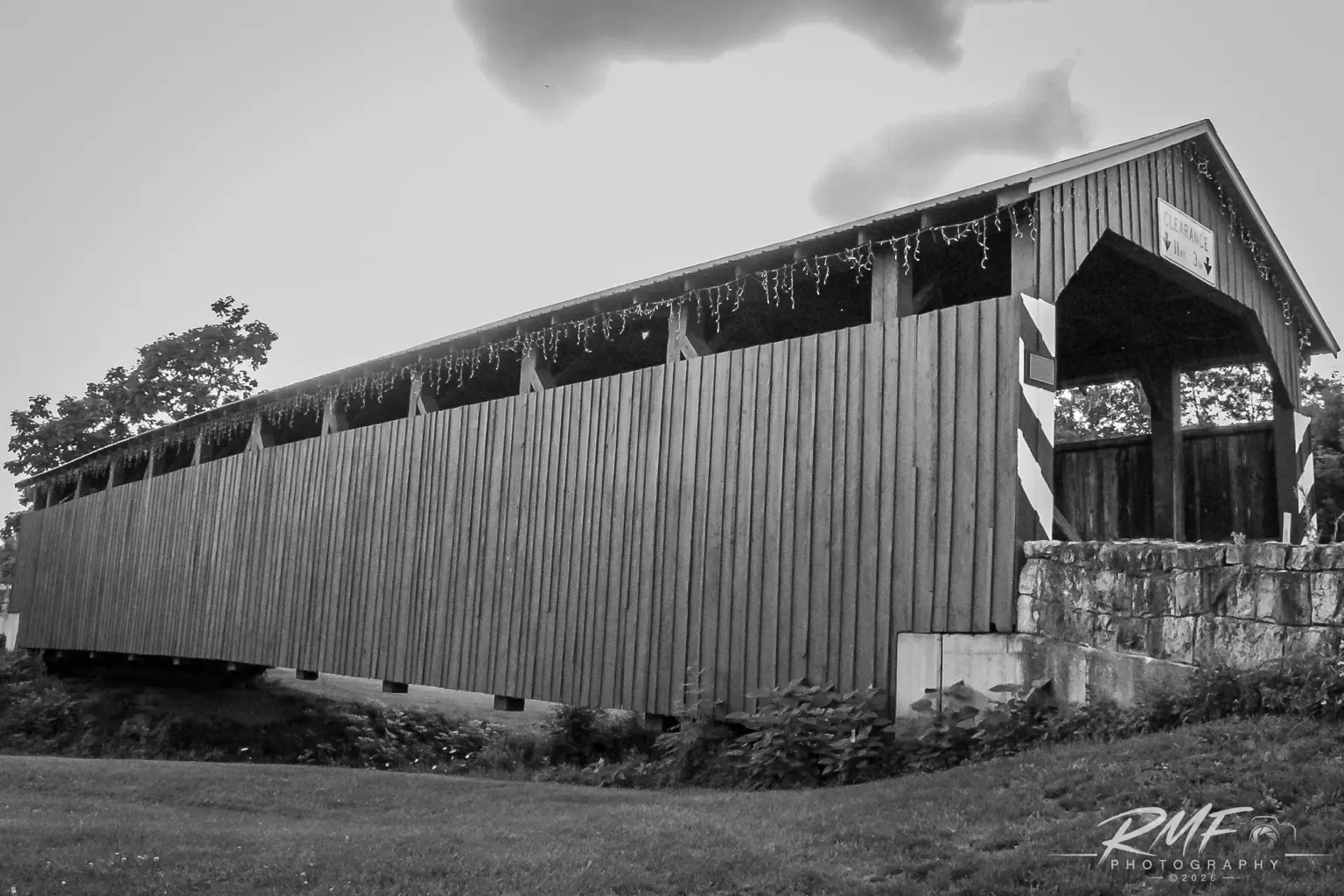 Black-and-white portrait of a Central Pennsylvania covered bridge
