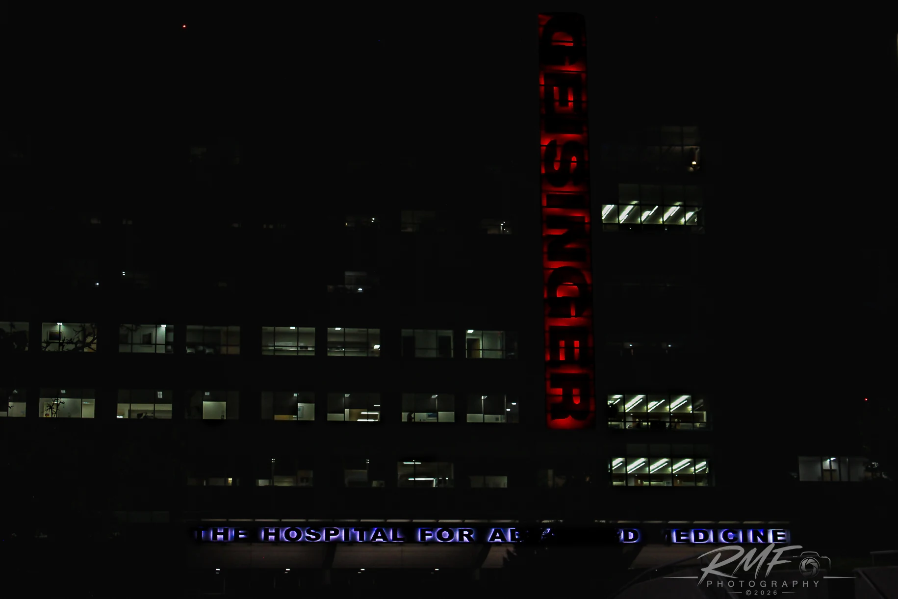 Penn Highlands building illuminated against the night sky