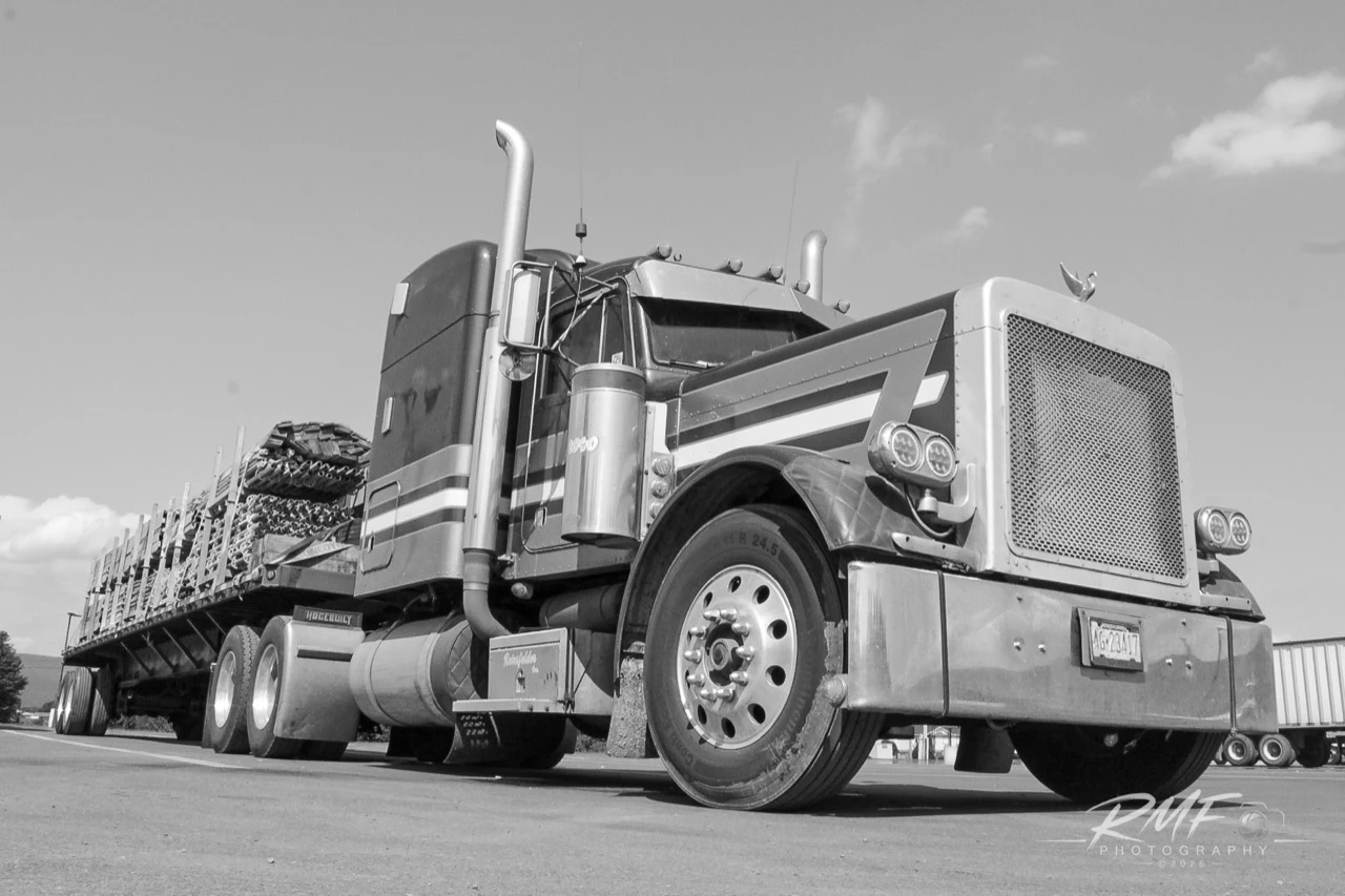 Low-angle black-and-white portrait of a classic tractor and loaded flatbed
